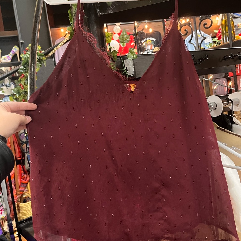 Elegant Sparkly Burgundy Cami Top with Built in Lace Bra